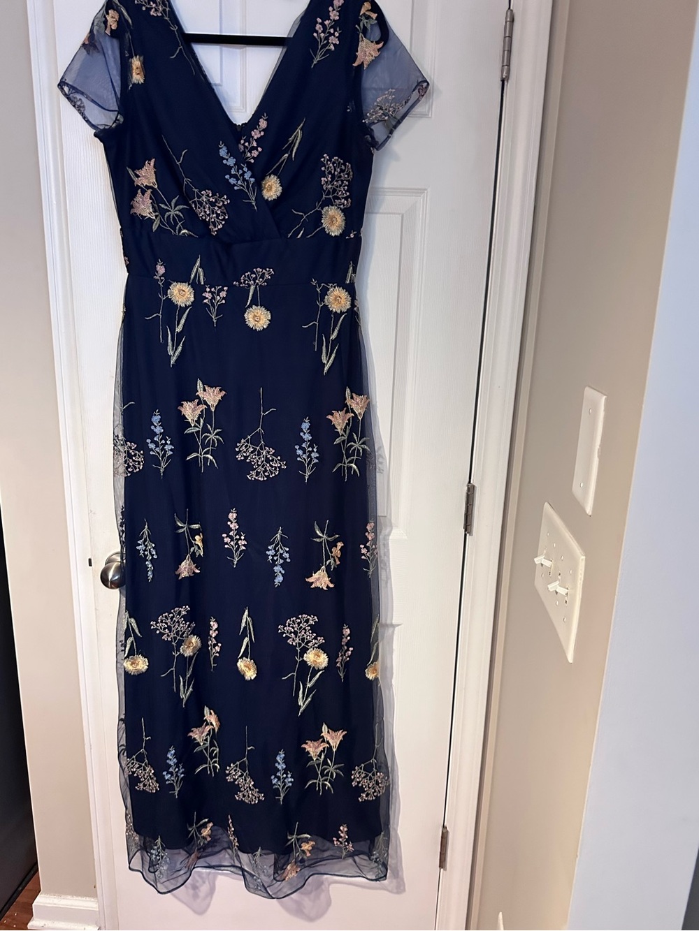 LF Navy Floral Embroidered V-Neck Midi Dress